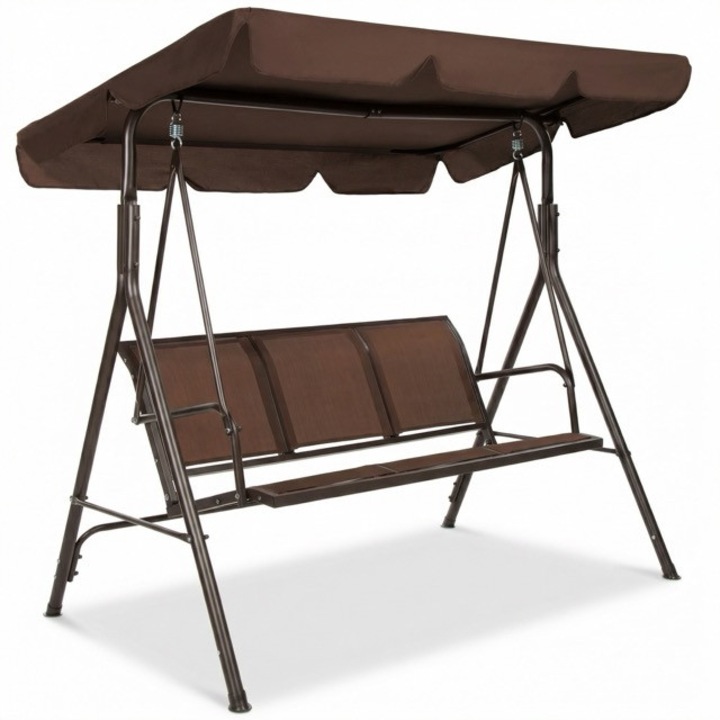 Balansoar Gradina TOP SCAUNE® 170x110x152 Cm, Leagan Gradina 3 Locuri, Baldachin Reglabil 45 Grade, Cadru Otel Vopsit Electrostatic, Suspensie Pe Arcuri Puternice, Baza Antiderapanta, Structura Solida 250 Kg, Leagan Gradina Confortabil, Maro