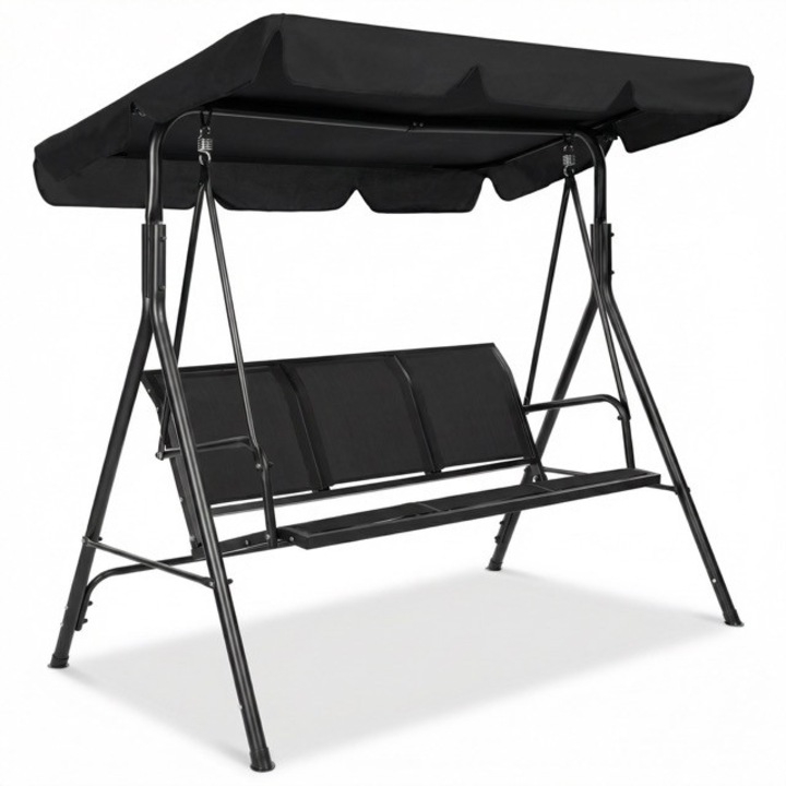 Balansoar Gradina TOP SCAUNE® 170x110x152 Cm, Leagan Gradina 3 Locuri, Baldachin Reglabil 45 Grade, Cadru Otel Vopsit Electrostatic, Suspensie Pe Arcuri Puternice, Baza Antiderapanta, Structura Solida 250 Kg, Leagan Gradina Confortabil, Negru