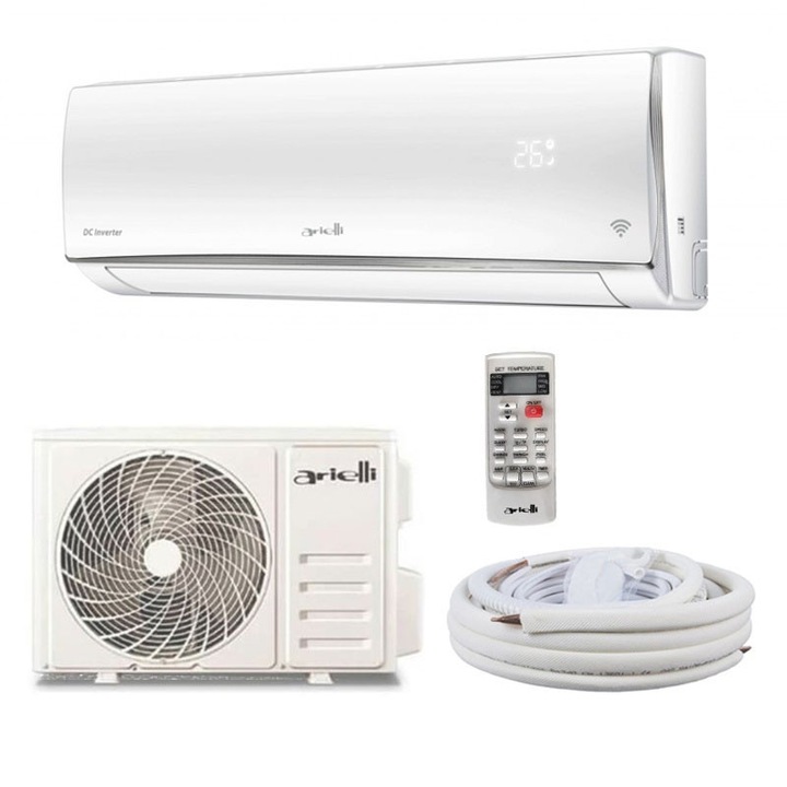 Pachet Aer conditionat Arielli, Clasa A++, Capacitate 12.000 BTU, Inverter, WiFi, Auto-Restart, Autocuratare, Sleep, Turbo, ECO, Alb + Kit montaj