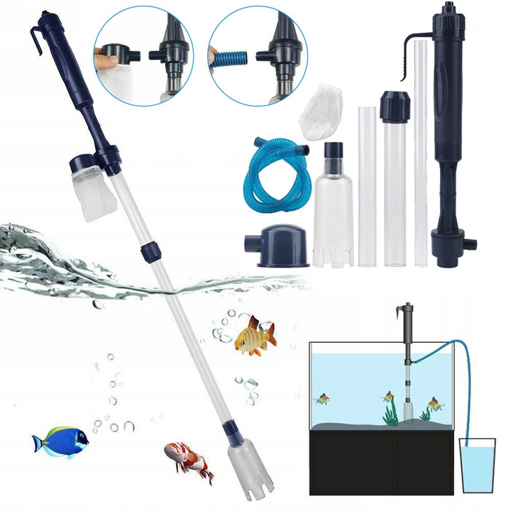 Aspirator electric acvariu, Bedee, Multifunctional, Curatator de pietris pentru acvariu, Schimb Apa, Sifon, Inaltime reglabila, Instalare usoara si rapida, pentru curatare si filtrare acvariu, Albastru/Alb