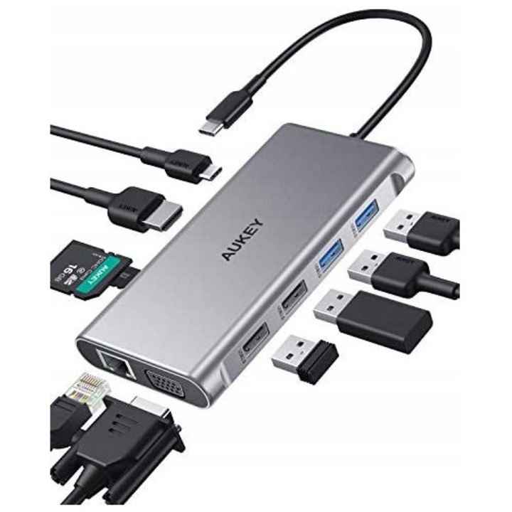 Hub USB-C 10 in 1, Aukey, HDMI 4K, VGA 1080P, 3 x USB 3.0, RJ45, 100W, pentru MacBook Pro si iPad Pro