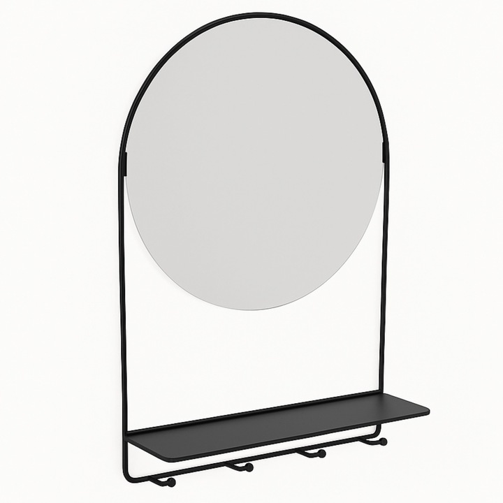 Oglinda de Perete cu Raft si Carlige, Loft, 31.5x46.5, Otel, Negru