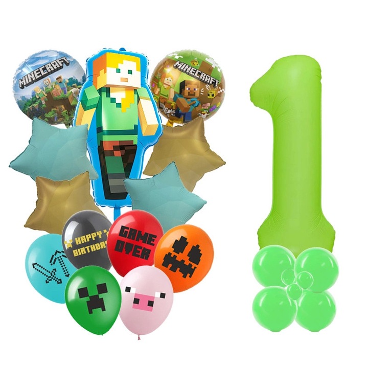 Set de baloane cu tematica Minecraft! Acest set include baloane din folie (inclusiv un numar 1 neon), baloane imprimate si baloane clasice de cauciuc. Perfect pentru ziua de nastere a micului tau jucator