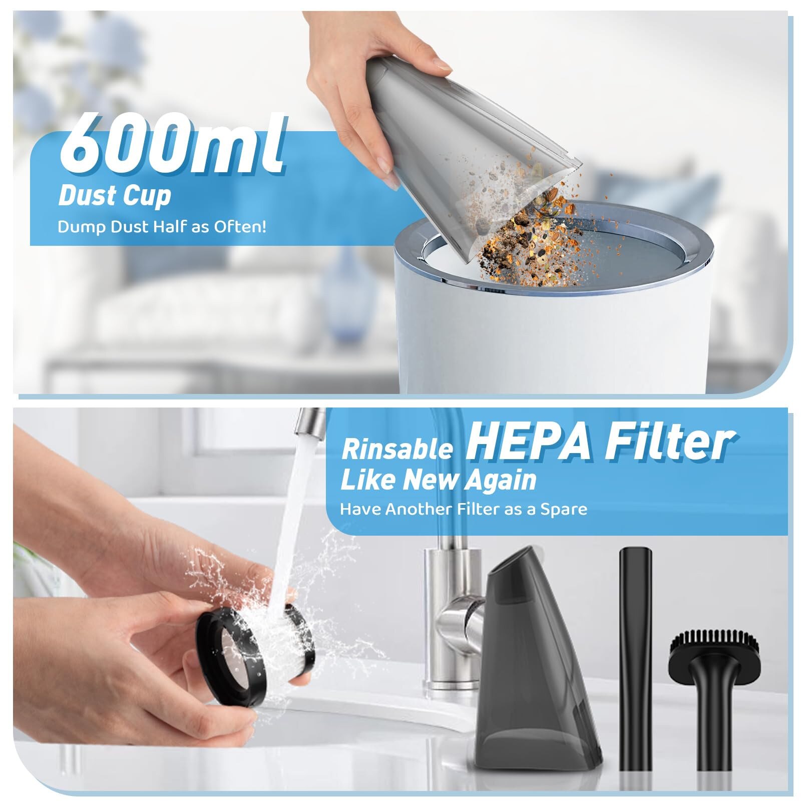 Aspirator de Mana Fara Fir oein, 120W, 9000 Pa, 3 capete, 0.6 kg, incarcare USB