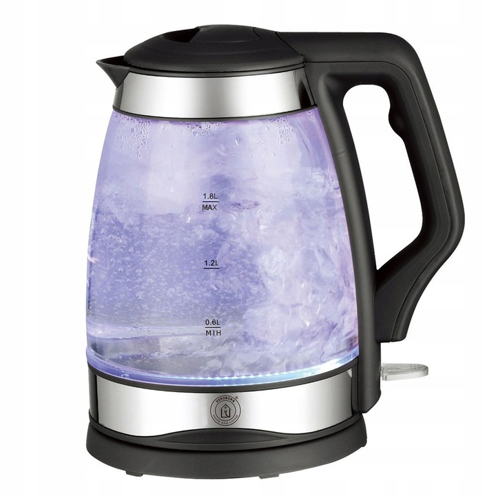 Fierbator electric HERZBERG HG-5044, 1.8L, 1850W, iluminare LED, sticla transparenta