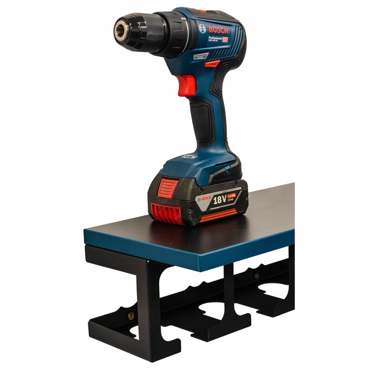 Suport pentru 4 bormasini cu raft, dimensiuni 102x85mm, 48,5x20cm, margine albastra, set complet cu dibluri si suruburi