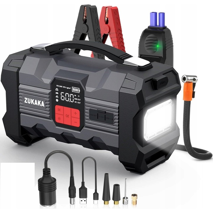 Zestaw awarii ZUKAKA ZK004, rozrusznik auto 4500 A, powerbank 26800 mAh, 12 V, z kompresorul de aer, LED 400 lumeni, display LCD