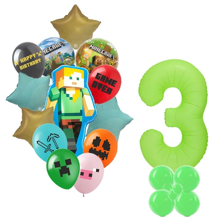 Set de baloane cu tematica Minecraft! Include baloane din folie (inclusiv un numar 3 neon), baloane imprimate si baloane clasice de cauciuc. Perfect pentru ziua de nastere a micului tau jucator