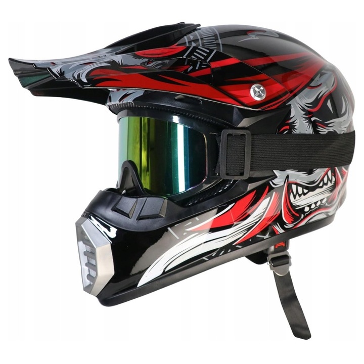 Set complet echipamente protectie pentru copii: Kask cross, gogle, manusi, kominiarka, 59-60 cm, multicolor