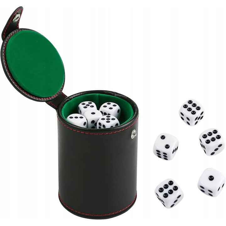 Társasjáték szett, kockatartó pohár, 10 dobókocka, méret 11x8x8cm, többszínű