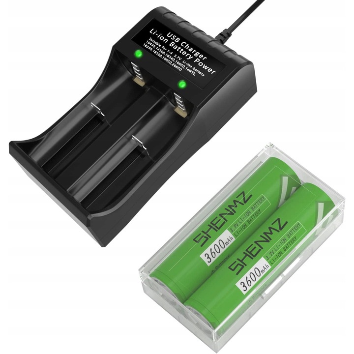 Set incarcator USB cu 2 acumulatori 18650, 3600 mAh, negru, verde