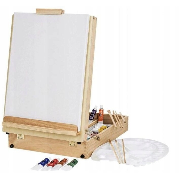 Set mare de pictura Crelando cu valiza, sevalet din lemn, 18 tuburi de vopsea acrilica, 10 pensule, 2 panze 33x13x45cm