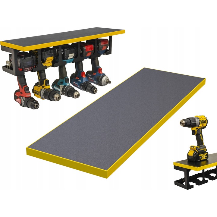 Szerszámrendező készlet, 5 vezeték nélküli csavarhúzó tartóval, fekete 60x20 cm, sárga széllel