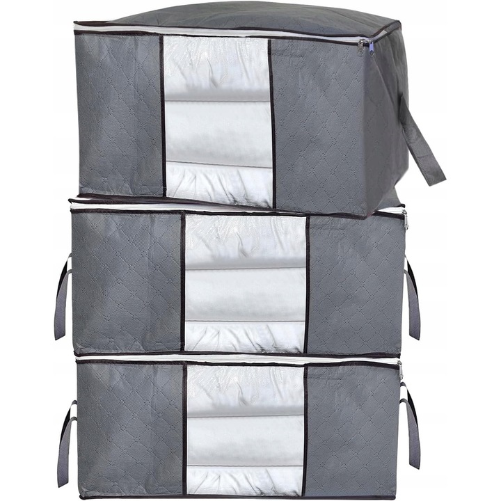 Cutii de depozitare cu capac, 3 bucati, 105 l, gri, 69x30x47cm