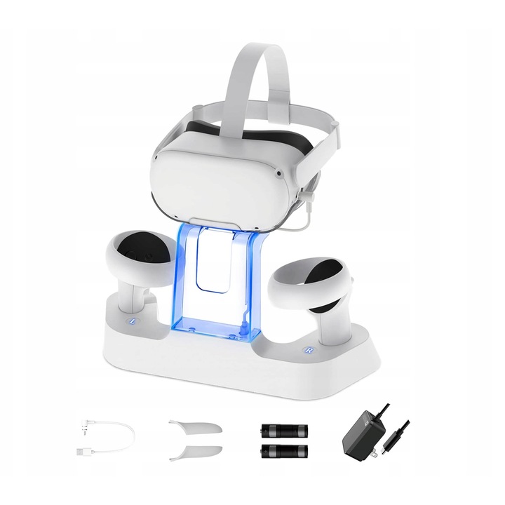 Statie de incarcare pentru ochelari VR, NexiGo, alb, pentru Meta Quest 2, cu suport pentru doua controlere