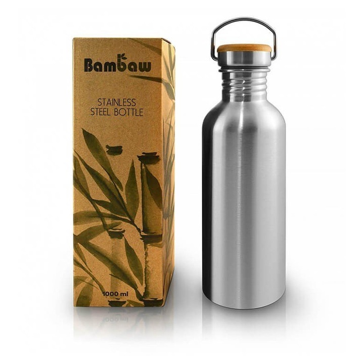 Sticla metalica 1000 ml cu capac din bambus, gri