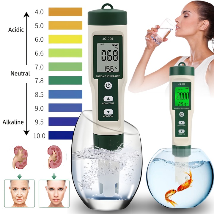 Tester profesional calitate apa 10 in 1, Luxofia, pH, TDS, EC, ORP, salinitate, temperatura, H2, S.G, rezistivitate MΩ, concentrare nutrienti, display LCD iluminat, interval extins masurare, verde