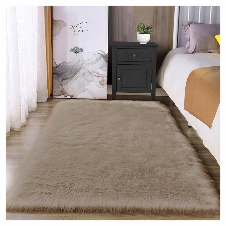 Covoare Latepis, 90x150cm, bej, din blana sintetica, moale, rezistent la foc