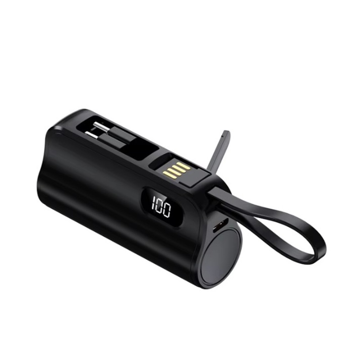 Baterie Mini cu 2 Mufe, Type-C + Lightning, 5.000mAh, Portabila, Afisaj digital, Negru