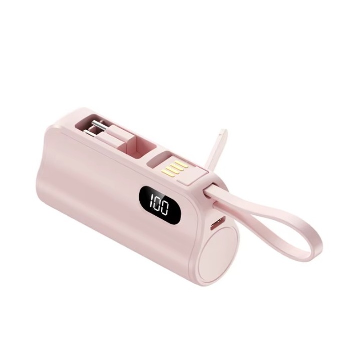 Baterie Mini cu 2 Mufe, Type-C + Lightning, 5.000mAh, Portabila, Afisaj digital, Roz