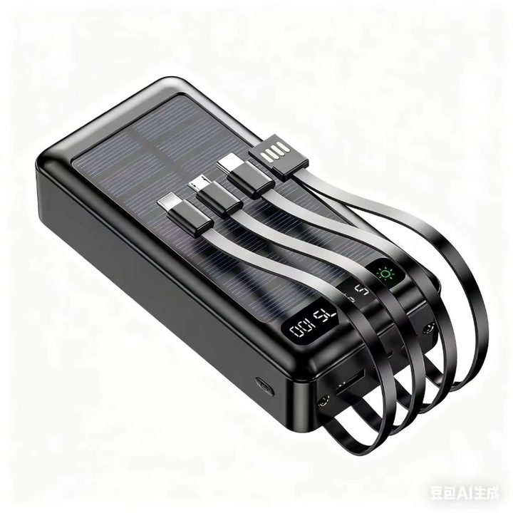 Többportos akkumulátor és integrált kábelek, napelem, 20.000mAh kapacitás, beépített zseblámpa, fekete