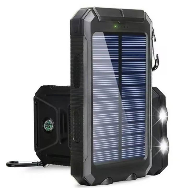 Iránytű, napelemes akkumulátor, 2 USB port, 10 000 mAh kapacitás, beépített zseblámpa, fekete