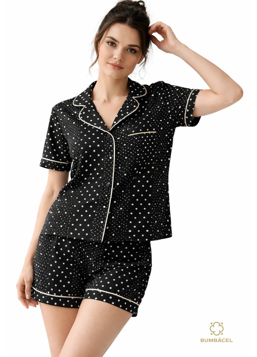 Pijama cu maneca scura, pantaloni scurti si imprimeu, din bumbac, pentru dame, 2XL