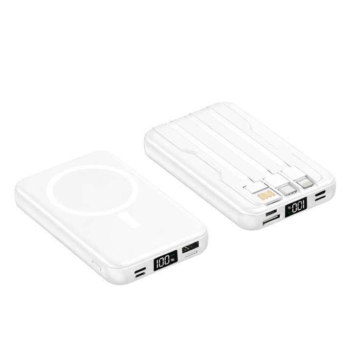 Power Bank Magnetic Wireless, 10000 mAh, 22.5W, Incarcare wireless 15W, 3 cabluri integrate, 2 porturi, Afisaj digital, Stand metalic, Alb