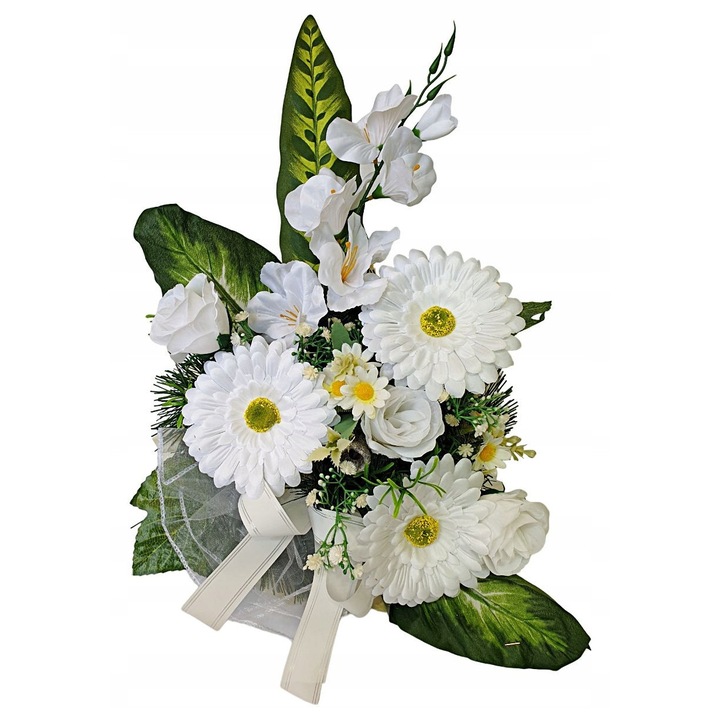 Aranjament floral pentru monument funerar, compozitie flori albe, 40x35cm, rezistent la intemperii, cu baza grea