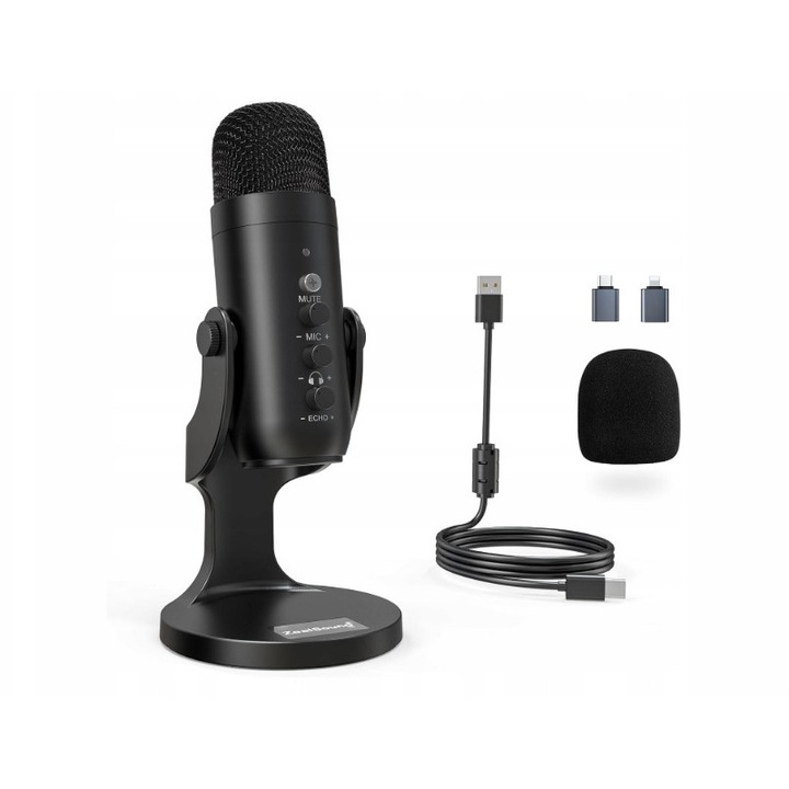 Microfon USB ZealSound K66, Plug & Play, 3,5mm, metalica, set complet