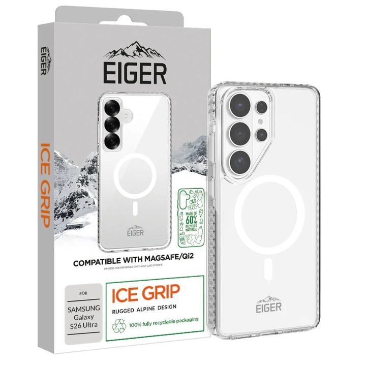 Carcasa Eiger Ice Grip Magsafe GRS Transparent pentru Samsung Galaxy S26 Ultra, 60% material reciclat, protecție la căderi de până la 3m