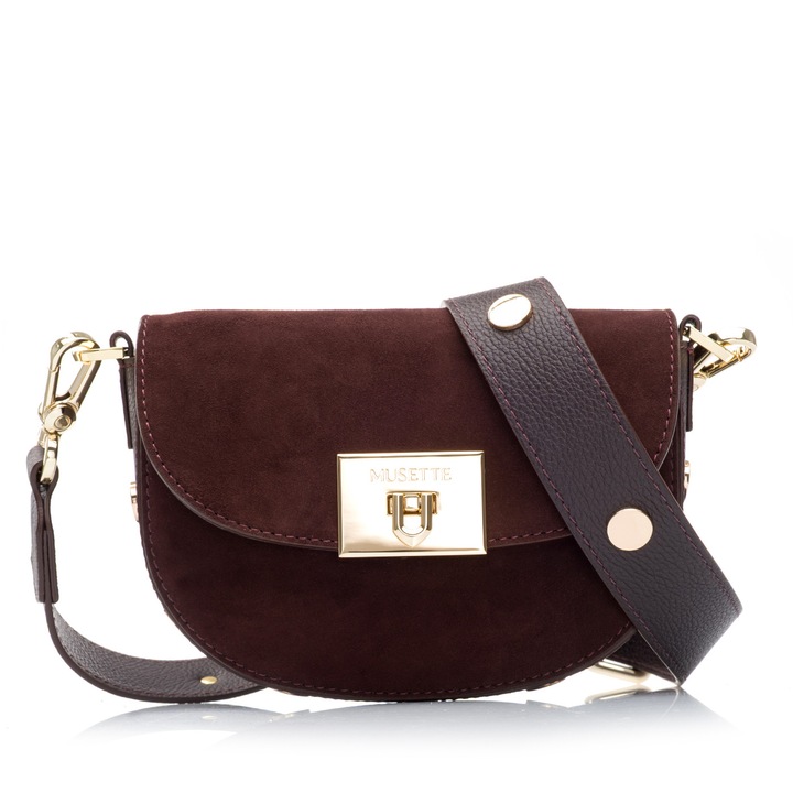 Geanta dama de umar, Musette, CLARITA PM, Piele naturala, Piele intoarsa, Maro 18 x 4.5 x 14