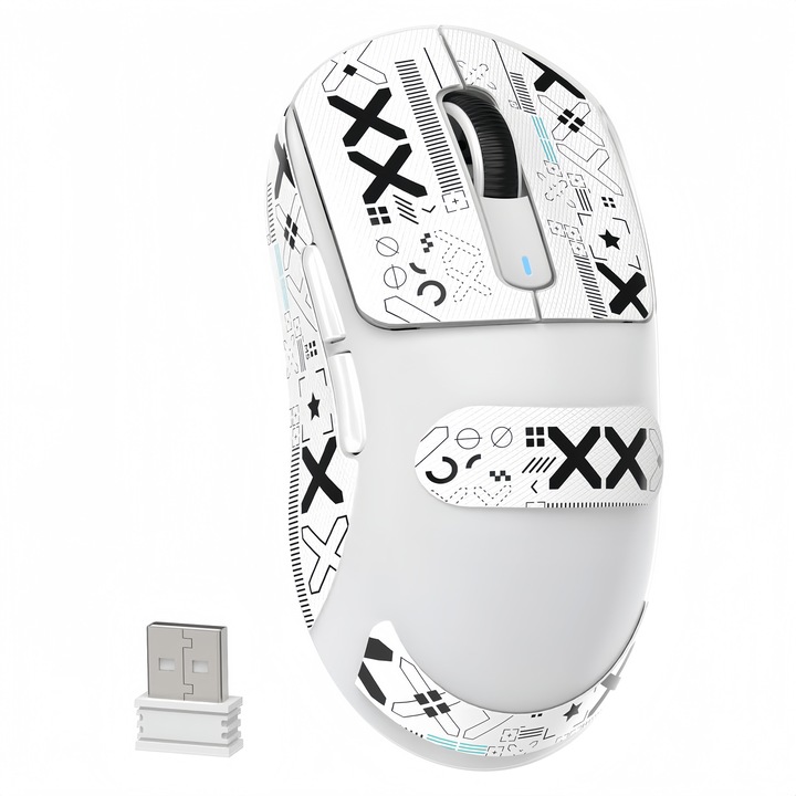 Mouse de gaming wireless, mouse ergonomic de 49g, cablu Tri-Mode-2.4G/USB-C/BT,26K DPI, senzor optic PAW3395 cu trei moduri, butoane programabile, autonomie baterie 200h, accesorii de gaming pentru PC/laptop/Mac, ATTACK SHARK X3, alb