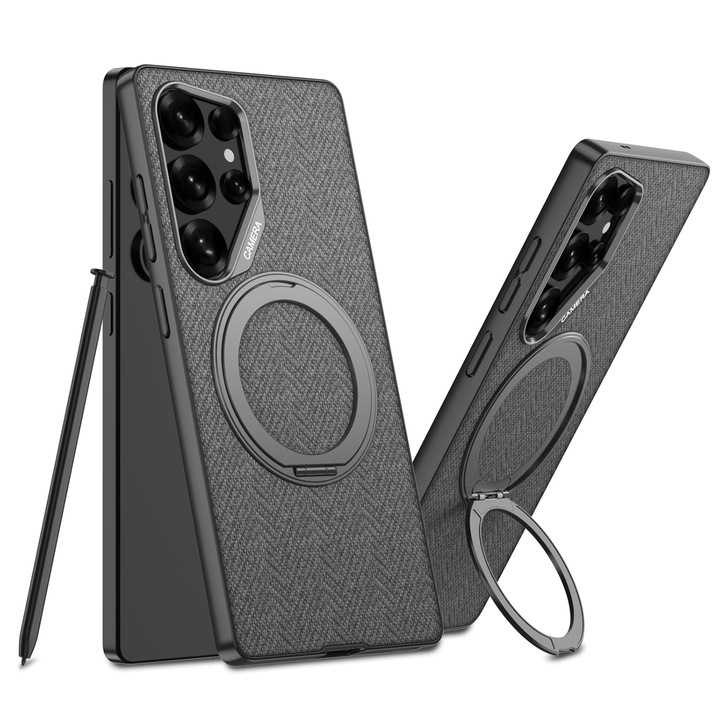 Калъф за Samsung Galaxy S25 Ultra, AGORA, Сив, с ринг стойка и текстилни вложки