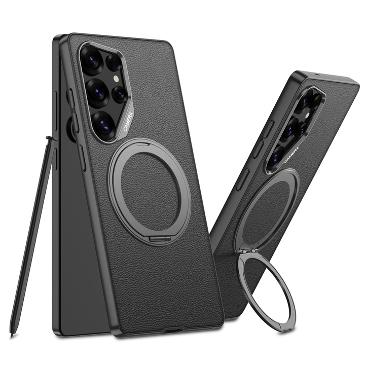 Tok Samsung Galaxy S25 Ultra készülékhez, Agora, gyűrűs tartó, műbőr, fekete, vékony