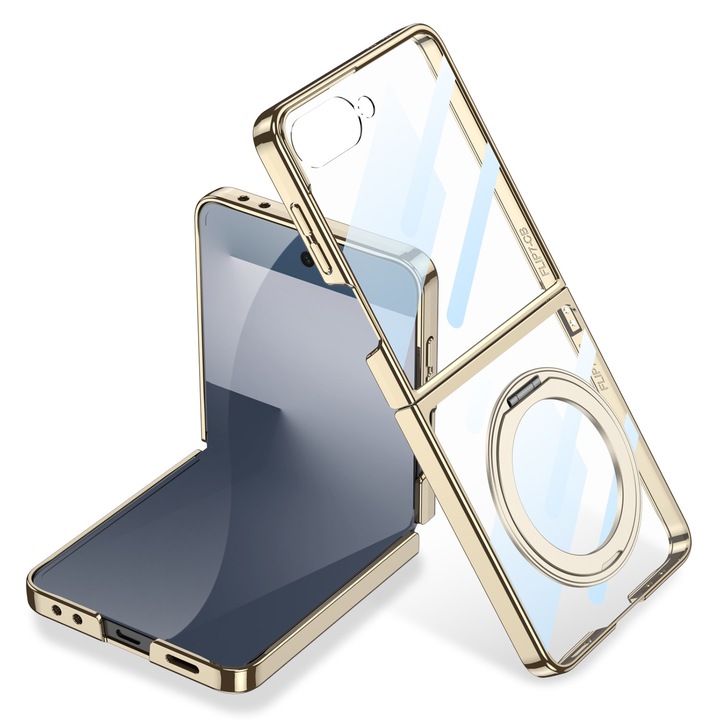 Калъф AGORA Clear Edge MagStand за Samsung Galaxy Z Flip 7, въртяща се стойка, MagSafe, златен, тънък