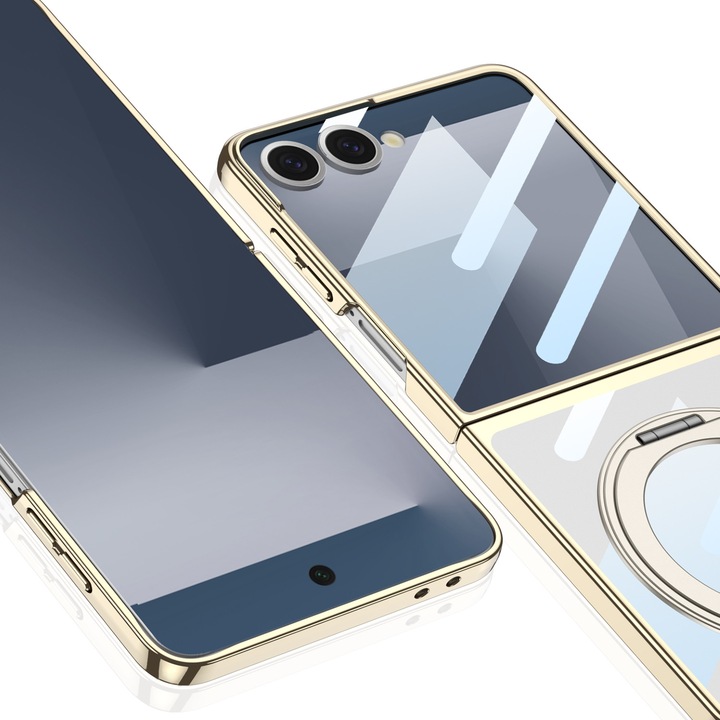 Калъф AGORA Clear Edge MagStand за Samsung Galaxy Z Flip 7, въртяща се стойка, MagSafe, златен, тънък