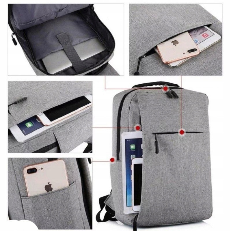Rucsac sportiv gri, 45x30x15cm, pentru laptop de pana la 15", cu port USB