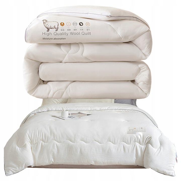 Pilota din lana de oaie, 160x200cm, alb, antialergica, pentru sezonul rece