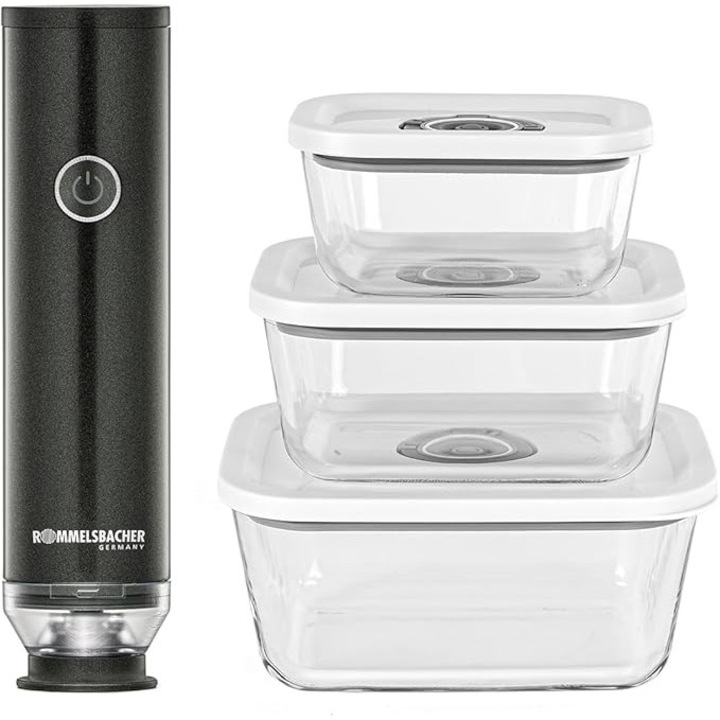 ROMMELSBACHER Set Aparat de Vidat Manual VAC 253/S, cu Baterie Reincarcabila USB‑C, Include 8 Pungi ZIP si 3 Recipiente Vid din Sticla Borosilicata