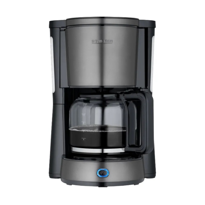 Cafetiera Severin, capacitate 1.25 litri, 10 cani, recipient din sticla, mentinere la cald, marcaje nivel apa, protectie anti-picurare, filtru pivotant, insertie detasabila, oprire automata, protectie la preaplin, indicatoare nivel cafea, buton LED, negru