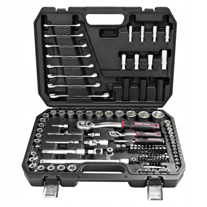 Set chei cu tubulare 127 elemente 1/4" si 1/2", Meec Tools, otel crom-vanadiu, dimensiuni 452x325x92mm