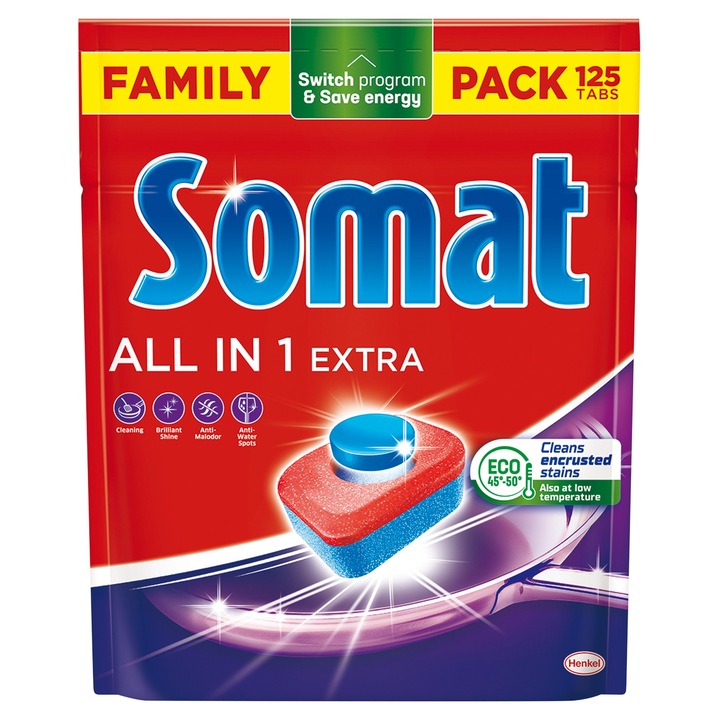 Somat All in 1 Extra set tablete detergent vase 2075 g (125 bucati), curatare eficienta, protectie sticla