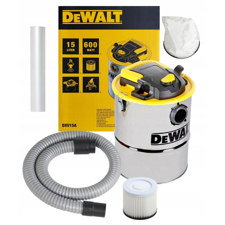 Aspirator de cenusa DeWalt DXV15A 600W 15l, inox, 1,2m furtun, 2,4m cablu