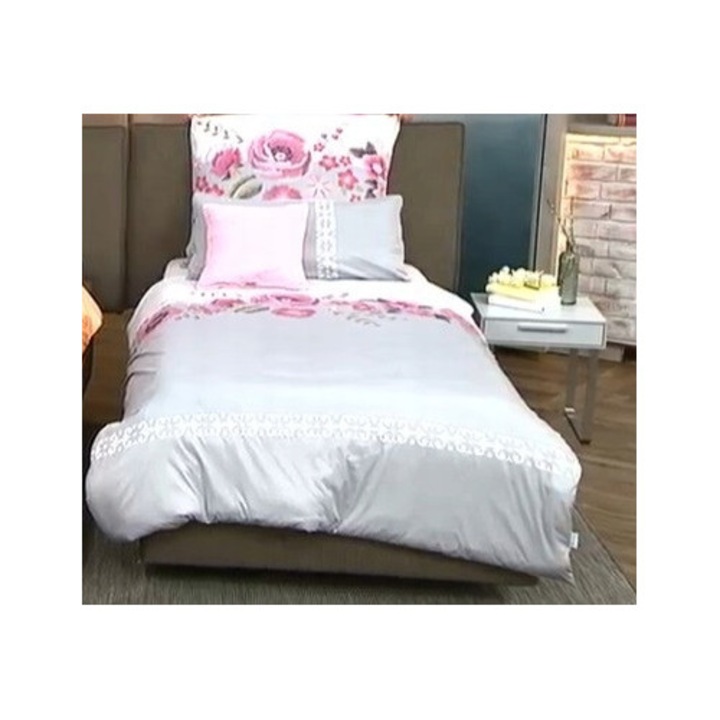 Ágynemű garnitúra, Jerymood, 135x200cm, rózsaszín és virágos, 4 részes