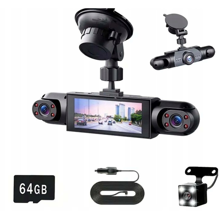 Camera auto DVR 360°, 4 canale, 1080P, 64GB, neagra