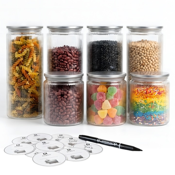 Set 9 Borcane din sticla borosilicata Koken, Recipiente cu capac ermetic, Transparente + stickere, marker, 1 L, 1.5L, 2L, pentru depozitarea alimentelor uscate si cerealelor