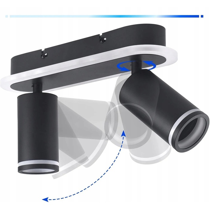 Plafoniera Barrina JA96, 2 puncte de iluminare, 350° rotire, neagra, 27x11cm, set cu 2 becuri LED GU10 6W 3000K