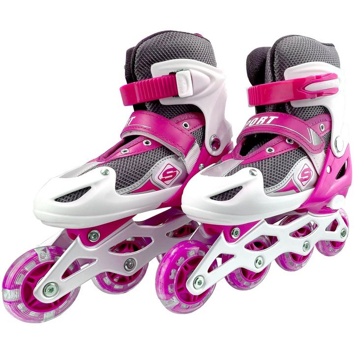 Rolki reglabile rozono-albe cu roti LED, dimensiune S 30-34, design sportiv