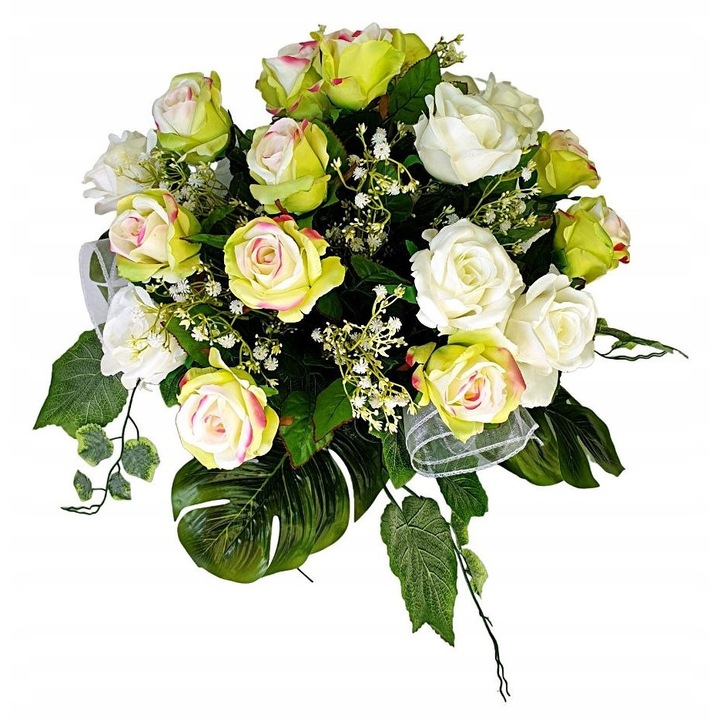 Aranjament floral pentru monument funerar, compozitie trandafiri, 45x45x40cm, rezistent la intemperii, cu baza grea